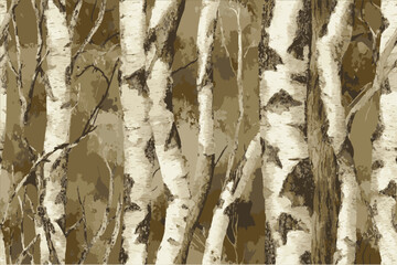 A realistic camouflage pattern featuring white birch trees, with a seamless repeating design. Real Trek-style wallpaper, camouflage background with birch tree branches, close-up, realistic.