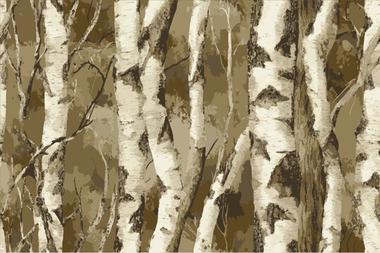 A realistic camouflage pattern featuring white birch trees, with a seamless repeating design. Real Trek-style wallpaper, camouflage background with birch tree branches, close-up, realistic.