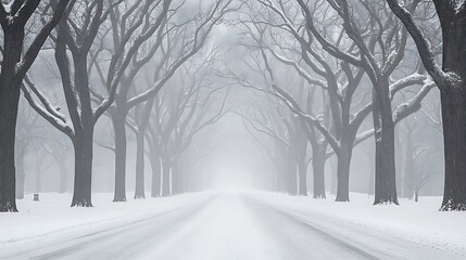 A snowy road lined with winter trees disappearing into mist