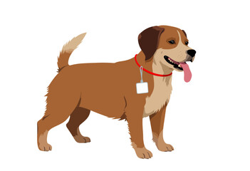 Cartoon dog standing with tongue out and collar tag  