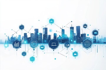 Cityscape with digital network overlay and futuristic technology icons design