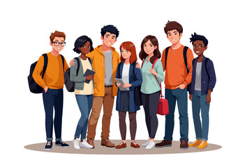 Obraz premium Group of diverse teenagers standing together and using smartphones 