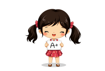 Happy girl holding A+ grade sign with pigtails and smile  