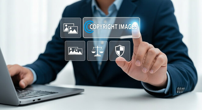 Businessperson selecting copyright images on a digital interface