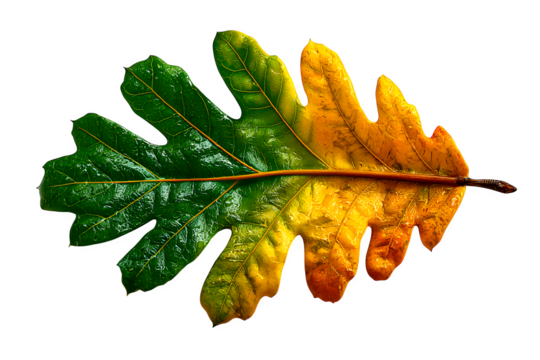 Oak leaf with jagged edges and visible veins, autumn tone gradient from green to gold, laid flat on white background, isolated to transparent background