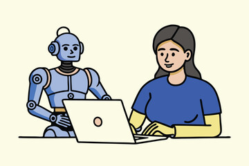 AI Robot and Human Working Together at Laptop – Flat Vector Illustration of Artificial Intelligence Collaboration, Future Technology, and Human-Robot Interaction in Digital Workspace.