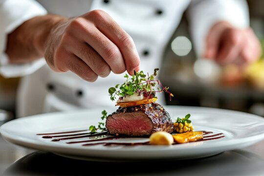 Chef plating a gourmet steak dish with microgreens and artistic sauce drizzle