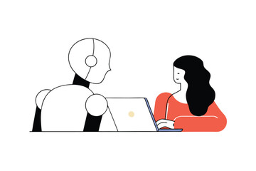 AI Robot and Human Working Together at Laptop – Flat Vector Illustration of Artificial Intelligence Collaboration, Future Technology, and Human-Robot Interaction in Digital Workspace.