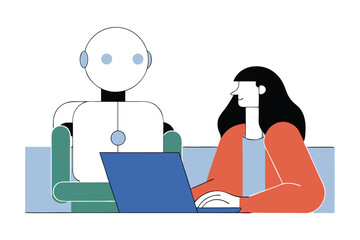 AI Robot and Human Working Together at Laptop – Flat Vector Illustration of Artificial Intelligence Collaboration, Future Technology, and Human-Robot Interaction in Digital Workspace.