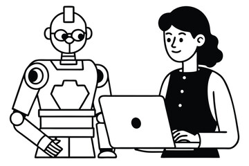 AI Robot and Human Working Together at Laptop – Flat Vector Illustration of Artificial Intelligence Collaboration, Future Technology, and Human-Robot Interaction in Digital Workspace.