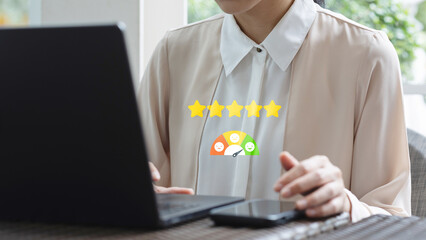 Customer giving five star rating and positive feedback on digital platform. A professional...