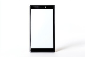 A black tablet with a blank white screen standing upright on a white surface