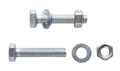 Metal bolt with screwed nut and washer and separately a on white background. Isolated
