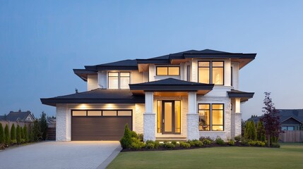 Contemporary Two-Story Home with Elegant Exterior Design at Dusk