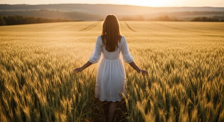 Obraz premium Woman in White Dress Walking Through Golden Wheat Field at Sunset