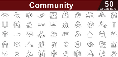 Community Social Network Icon Set - 50 Editable Group Connection Icons for Local Engagement, Volunteering and Civic Participation Vector Collection