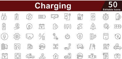 Charging Icon Set - 50 Editable Power Energy Icons for Electric Vehicle, Mobile Device and Renewable Energy Vector Collection