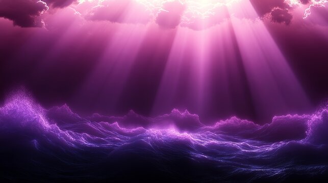 Majestic sunbeams and waves in ethereal purple ocean scene