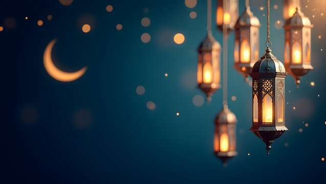 Traditional Arabic Lanterns Glowing Warmly Beneath a Crescent Moon at Dusk