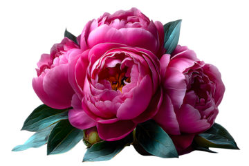 Pink peony bouquet arranged with soft green leaves, romantic floral design centered on white, isolated to transparent background