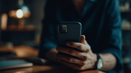 Close Up of Hand Holding Smartphone in Dim Light With Selective Focus
