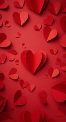 Red paper hearts arranged on a deep red background. A variety of folded paper hearts with a 3D effect, creating a Valentine's Day themed design.