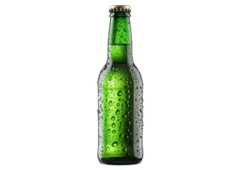 green beer bottle with fresh water drops isolated on white or transparent png