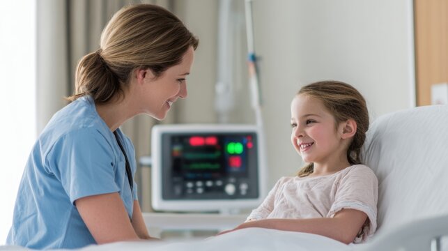 A smiling nurse comforts a young girl in a hospital bed, radiating compassion, care, pediatric health support, and professional bedside connection. - Powered by Adobe