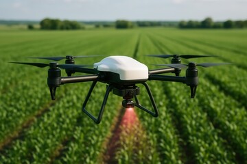 Drone scanning a green field of crops with red laser sensors