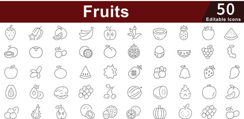Fruits Healthy Food Icon Set - 50 Editable Fresh Produce Icons for Nutrition, Diet and Organic Market Vector Collection