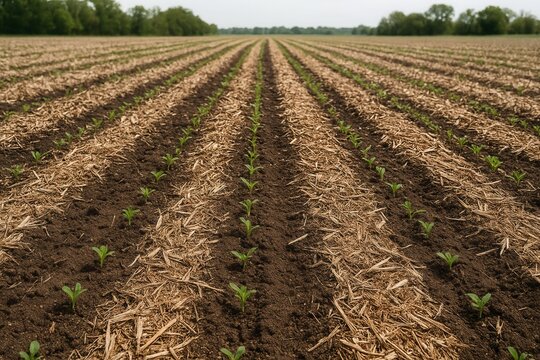 Young plants growing in no till agriculture field covered with straw mulch