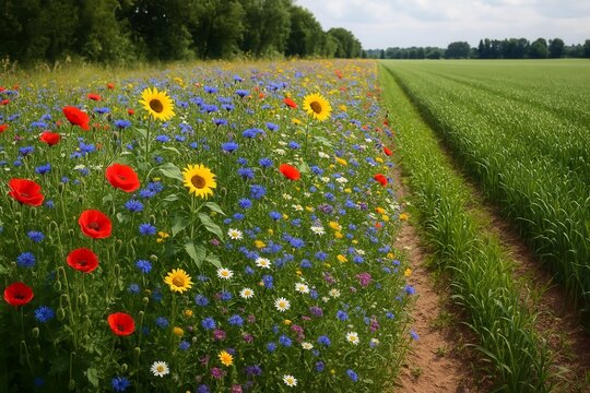 Colorful flower strip bordering green field under cloudy sky