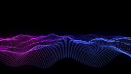 Futuristic background wavy lines from dots in dark cyberspace.  Digital technology concept data analysis.  Big data. Abstract wave with purple particles DOF.