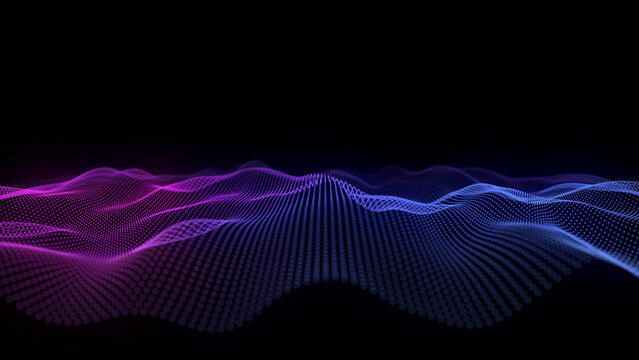 Futuristic background wavy lines from dots in dark cyberspace.  Digital technology concept data analysis.  Big data. Abstract wave with purple particles DOF.