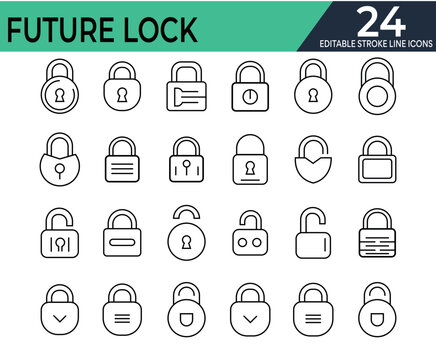 Lock stroke line editable icon set collection. Locked and unlocked black line icon set. Flat security symbol. Containing padlock, security, unlock, lock 