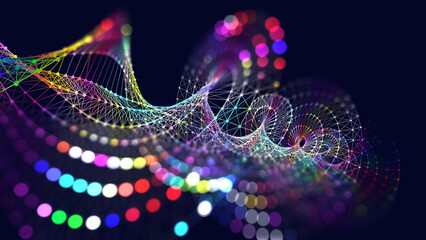 Abstract grid helix from color polygons in dark cyberspace. DNA shape wireframe connecting dots. Futuristic color twisting grid with bohke.