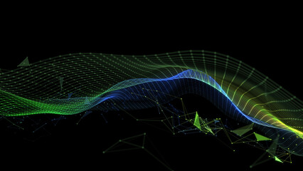 Abstract technology background with wavy color grid in dark cyberspace. Analytics data algorithms. Big Data. Computing concept. Banner for business, science and technology.