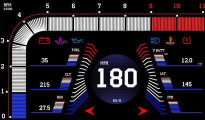 Car dashboard modern automobile control illuminated panel speed display vector illustration.