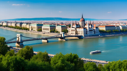 Panorama of Danube River embankment with Corvinus University corps, Budapest, Hungary