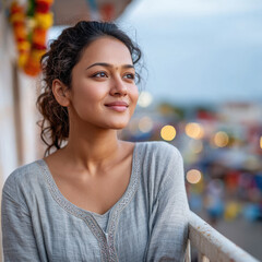 young indian woman standing in apartment balcony