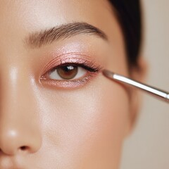 Close-up on a woman with natural glowing skin applying shimmering pink eyeshadow with a makeup brush for a polished sophisticated look