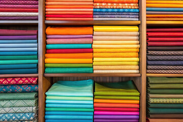 Stacks of colorful fabrics are neatly arranged on wooden shelves