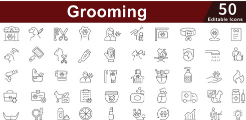 Grooming Personal Care Icon Set - 50 Editable Beauty Hygiene Icons for Salon, Barbershop and Self-Care Services. Editable Stroke 