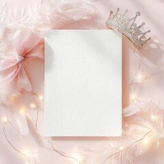 Elegant blank card display with a bejeweled crown ribbon feathers and string lights on a soft pink background Perfect for announcements