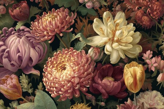 Vibrant Pink and Yellow Chrysanthemums and Dahlias in Dark Background