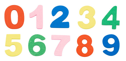 set di numeri realizzati in legno colorato isolati su sfondo bianco o trasparente