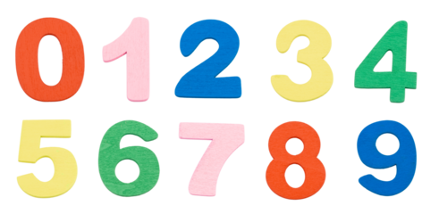 set di numeri realizzati in legno colorato isolati su sfondo bianco o trasparente