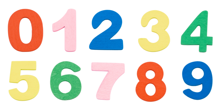 set di numeri realizzati in legno colorato isolati su sfondo bianco o trasparente