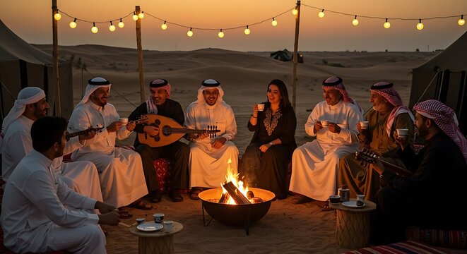 A group of Middle Eastern people gather around a campfire in the desert, enjoying music and drinking coffee at sunset, under string lights.