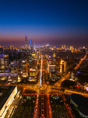 Fototapeta premium Aerial view of Shanghai skyline in downtown at night.